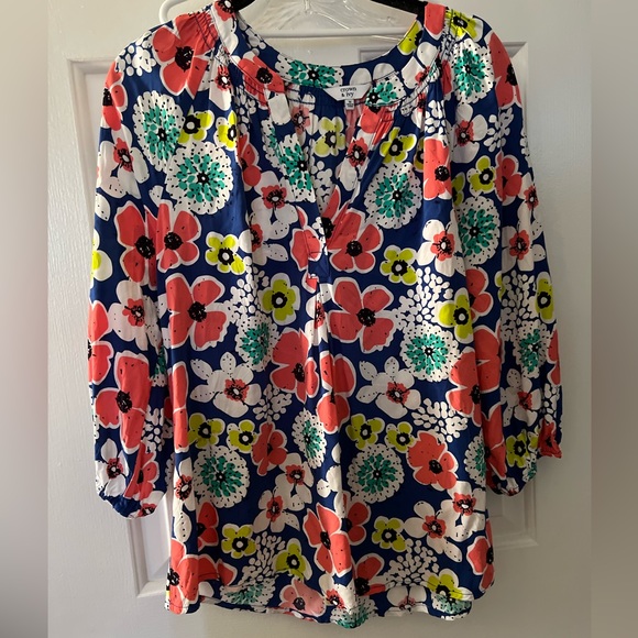 Crown & Ivy Floral Peasant Blouse Blue Coral Long Sleeve Top size M Medium - Picture 4 of 6